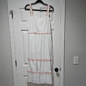 J. Crew White Tiered Boho Scalloped Orange & Pink Detail Rouched Back 12 NEW